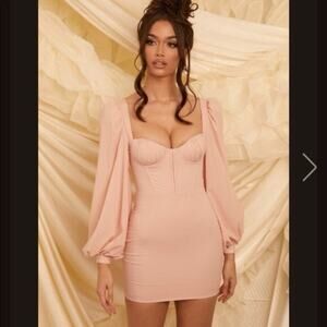Oh Polly Pink Corset Top Balloon Long Sleeve Bodycon Mini Dress Sz 2